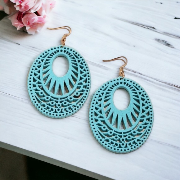 Jewelry - 4/$12 Blue Hollow Out Oval Drop Earrings